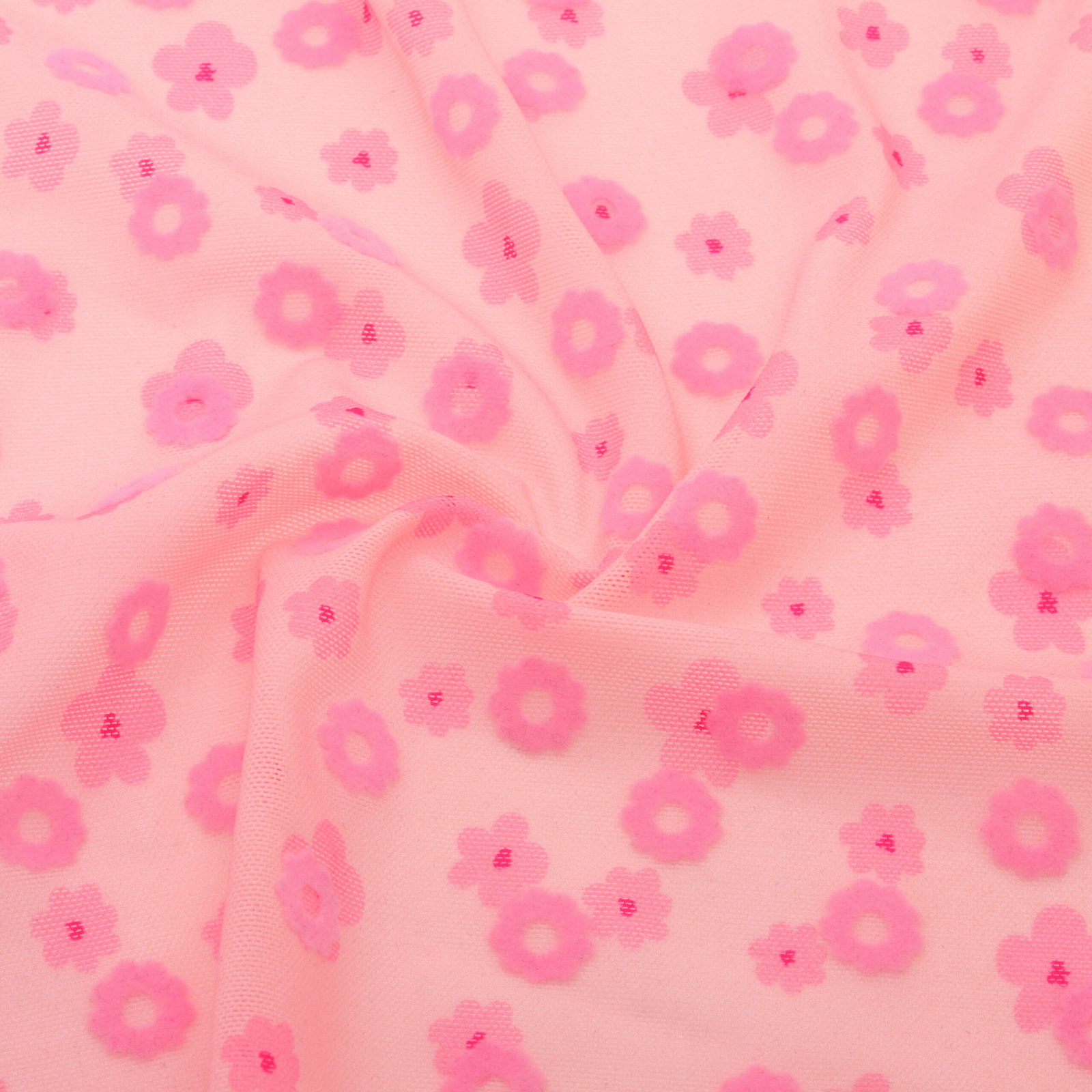 | Flocked fishnet fabric pink recycled flowers stretch | D'YRSAN