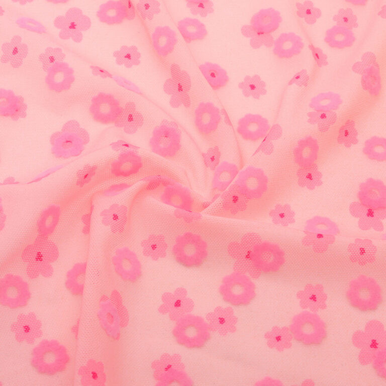 Stretchable recycled pink floral flocked mesh fabric (50m roll)