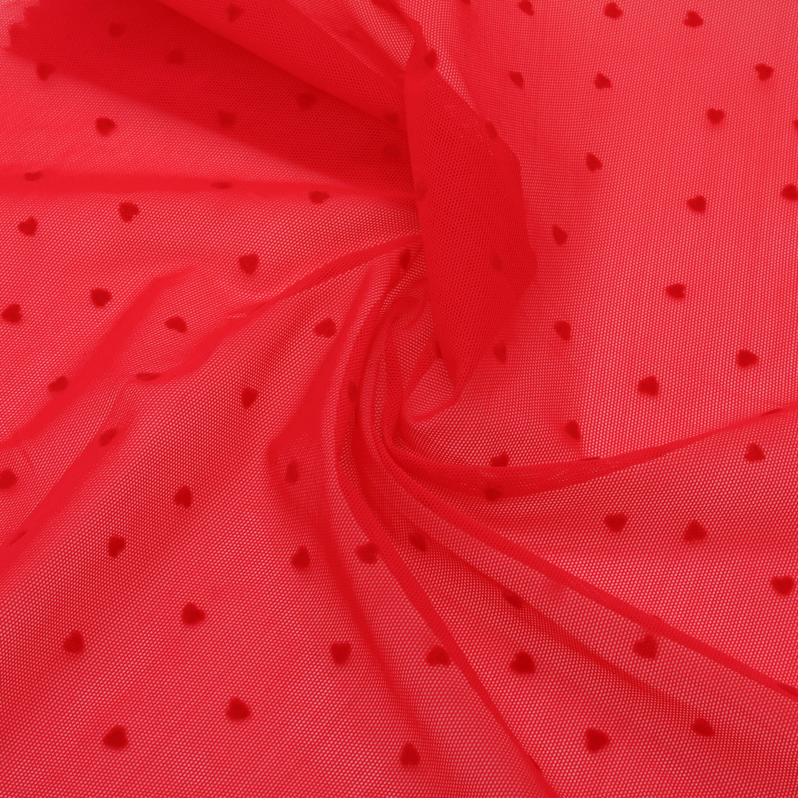 Flocked fishnet fabric red hearts nylon elastane - Roll 50M | D'YRSAN Flocked fishnet fabric with red hearts nylon elastane