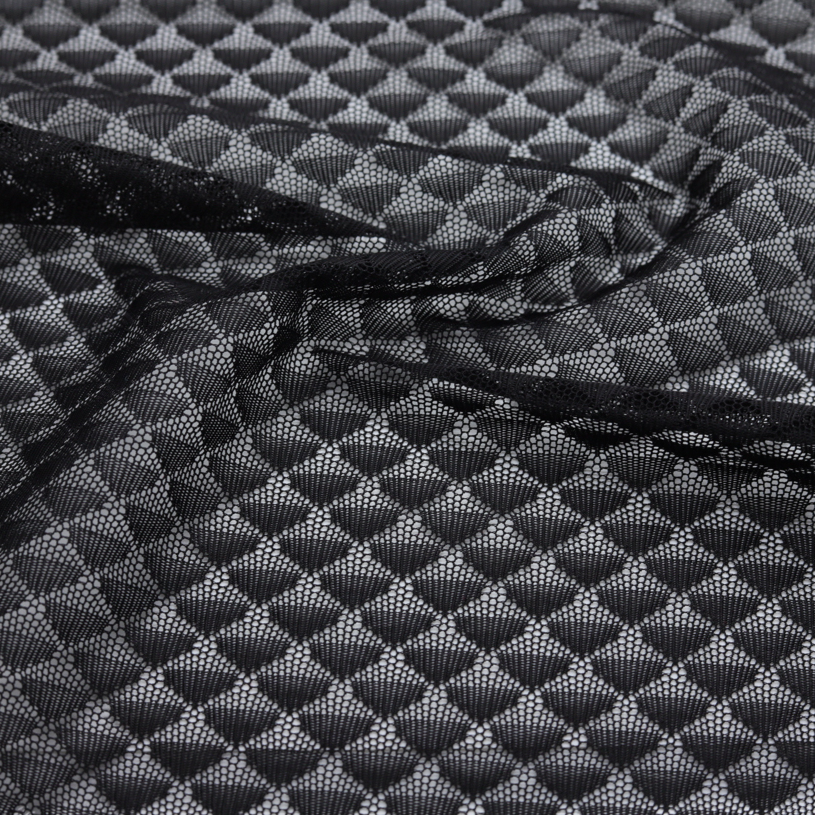 OEKO-TEX®-certified, lightweight, stretchy black fishnet with transparent pattern