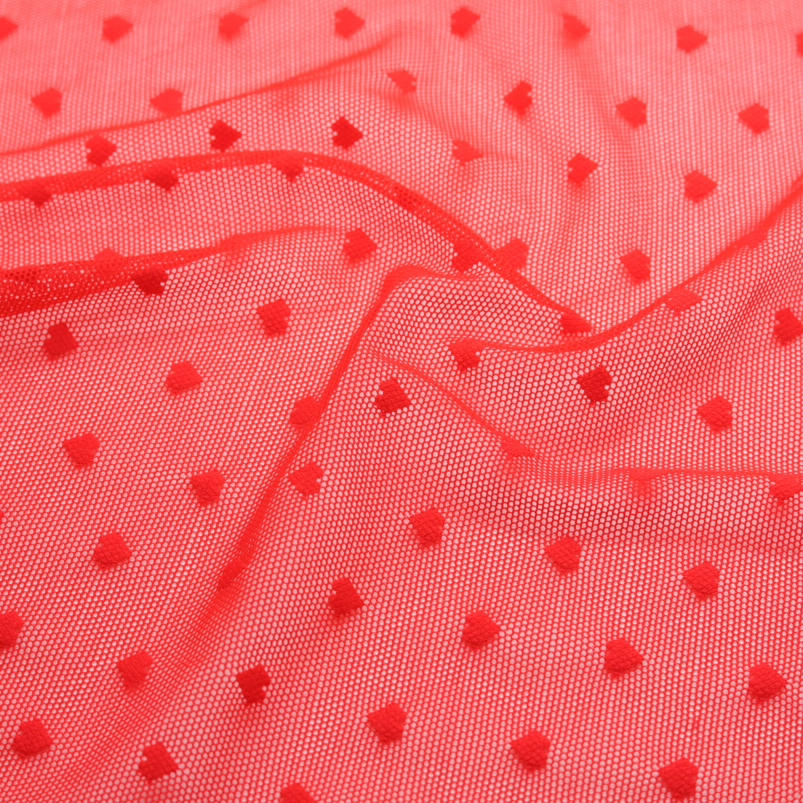 Red jacquard mesh knit with heart pattern (50m roll) | D'YRSAN Red jacquard fishnet with heart motif