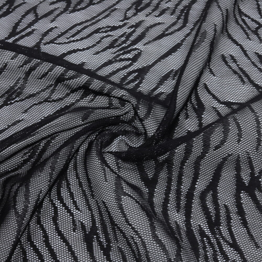 Tissu dentelle résille noir nylon élasthanne motif zèbre