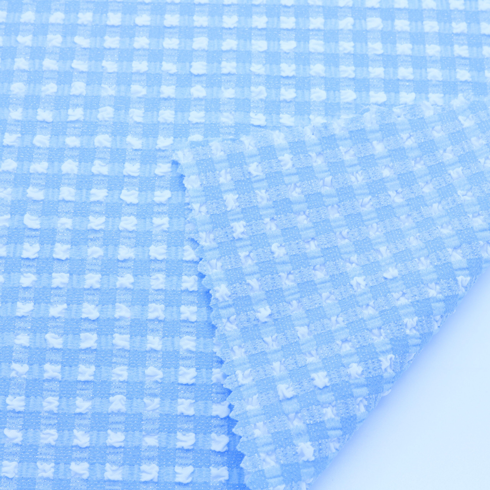 Tessuto per costume da bagno a quadretti gingham con stampa lurex argentata, azzurro cielo · DY81105 · D'YRSAN